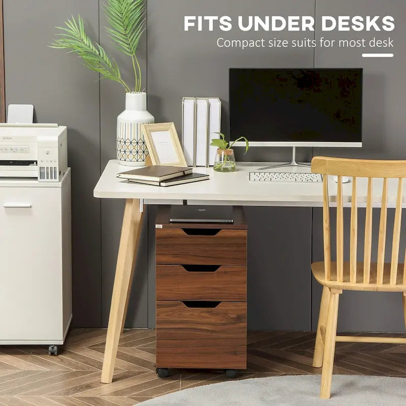 Meuble de rangement de bureau à 3 tiroirs, meuble bas avec roulettes, grain de bois marron