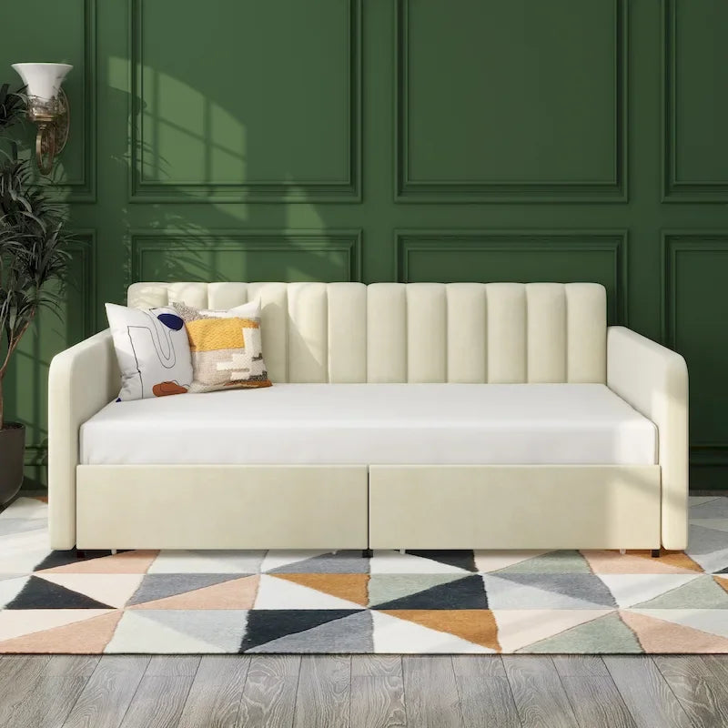 Lit de repos double en velours moderne Epiphyllum avec 2 tiroirs et dossier capitonné côtelé par Christopher Knight Home