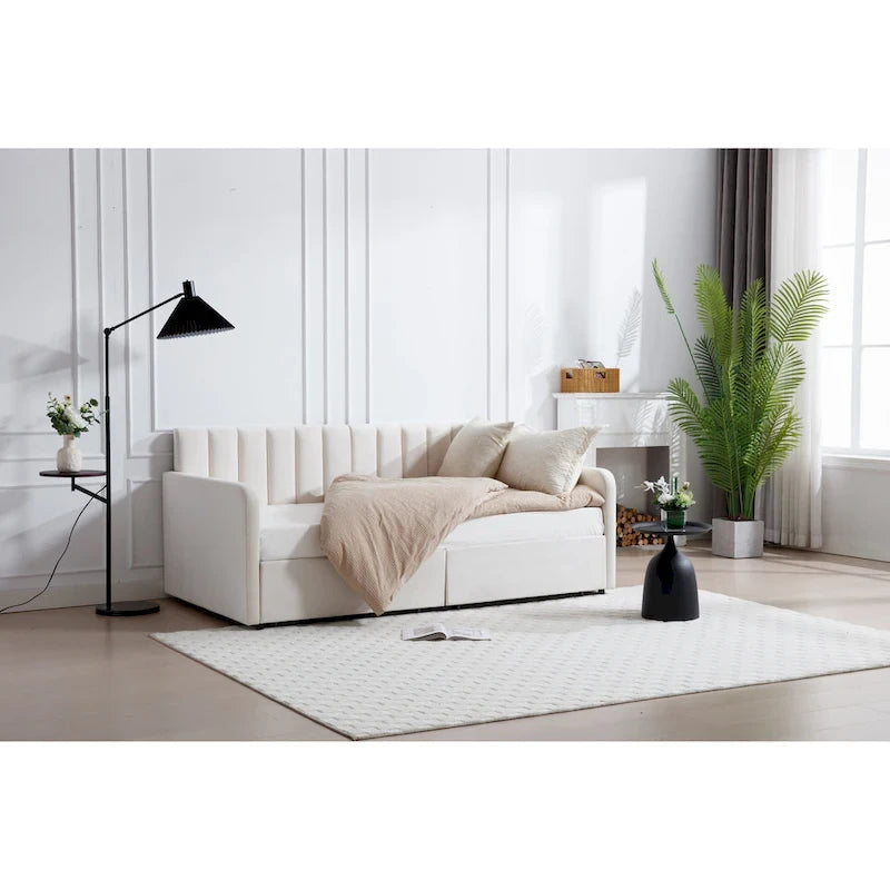 Lit de repos double en velours moderne Epiphyllum avec 2 tiroirs et dossier capitonné côtelé par Christopher Knight Home