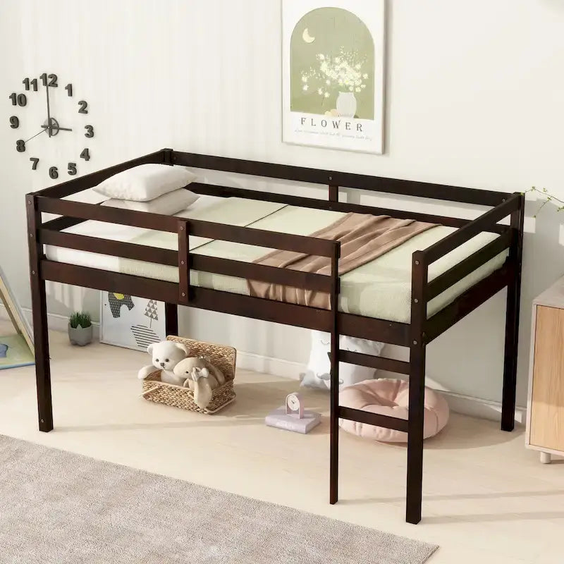 Lit superposé jumeau en bois massif et en caoutchouc avec échelle, plate-forme de lit à lattes renforcées