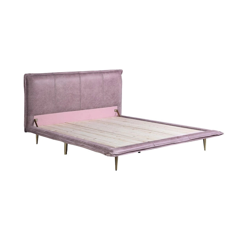 Lit Eastern King en cuir pleine fleur avec pieds en métal, finition rose
