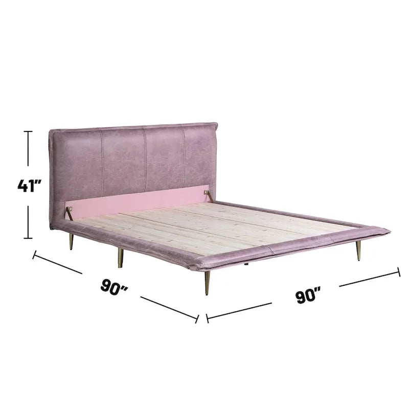 Lit Eastern King en cuir pleine fleur avec pieds en métal, finition rose