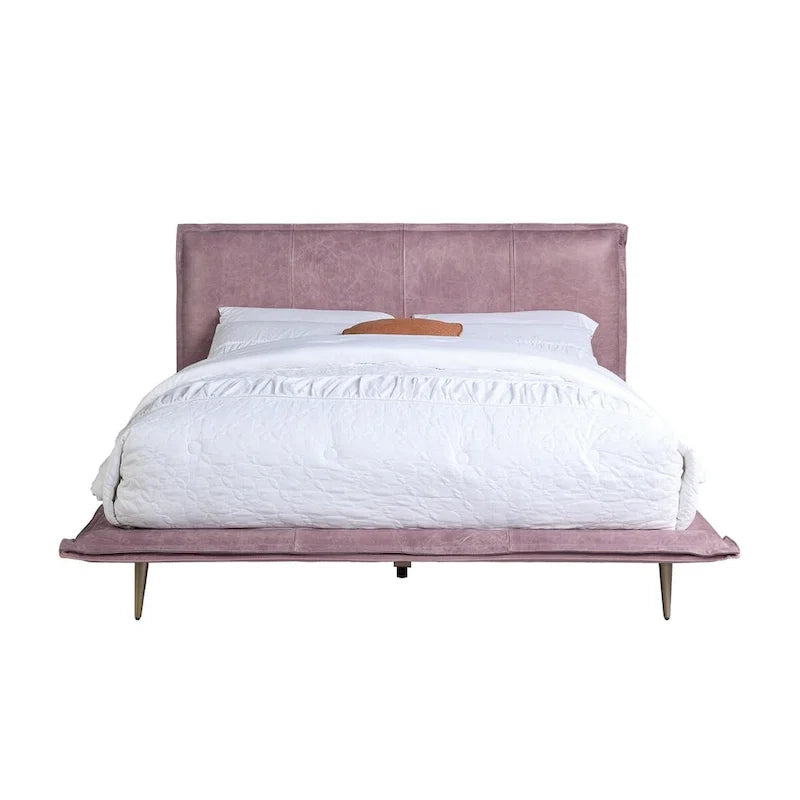 Lit Eastern King en cuir pleine fleur avec pieds en métal, finition rose
