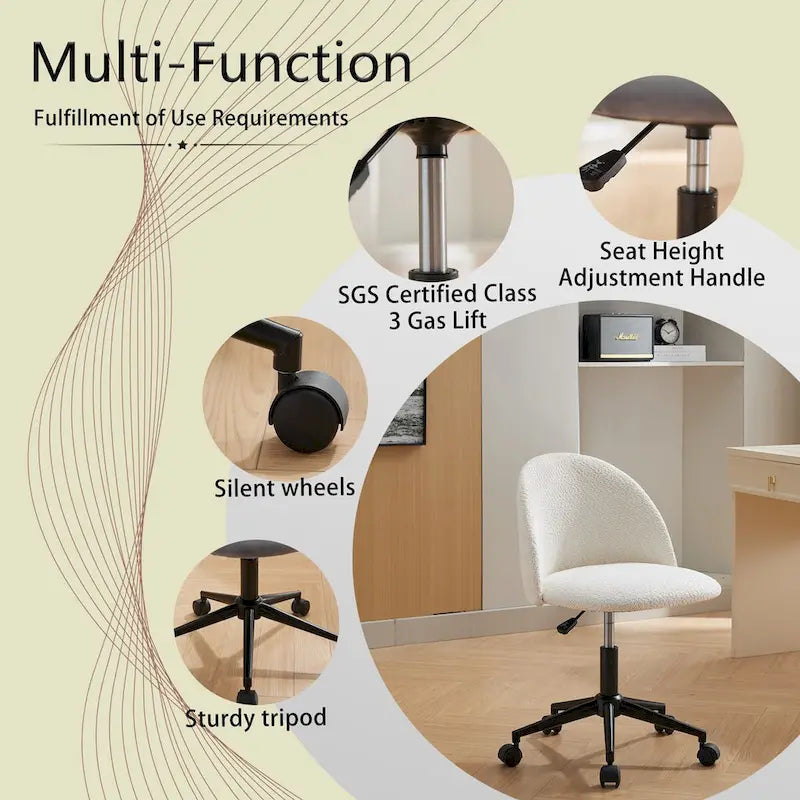 Chaise de bureau Boucle, Chaise d'ordinateur pivotante réglable à dossier moyen avec pieds noirs, Chaise de bureau rembourrée avec roulettes