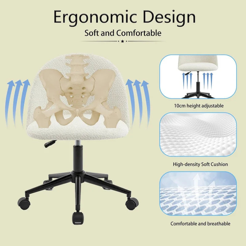 Chaise de bureau Boucle, Chaise d'ordinateur pivotante réglable à dossier moyen avec pieds noirs, Chaise de bureau rembourrée avec roulettes
