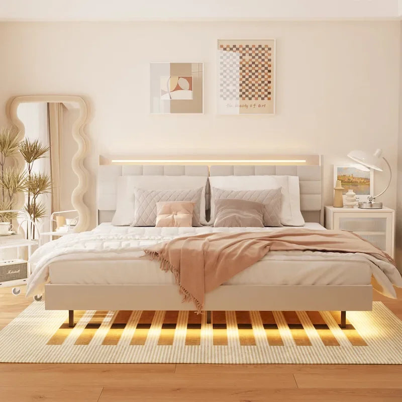 Lit flottant KingSize avec rangement dans la tête de lit et lumières LED RVB, beige