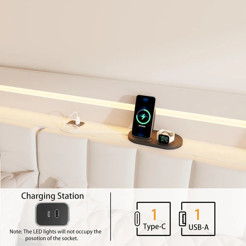 Lit flottant KingSize avec rangement dans la tête de lit et lumières LED RVB, beige