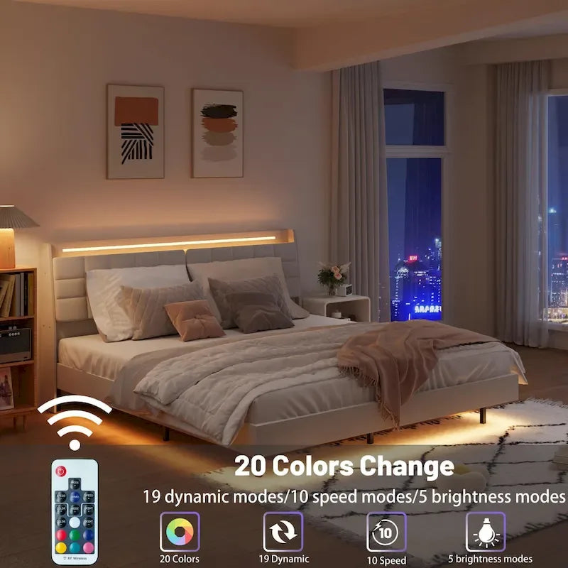 Lit flottant KingSize avec rangement dans la tête de lit et lumières LED RVB, beige