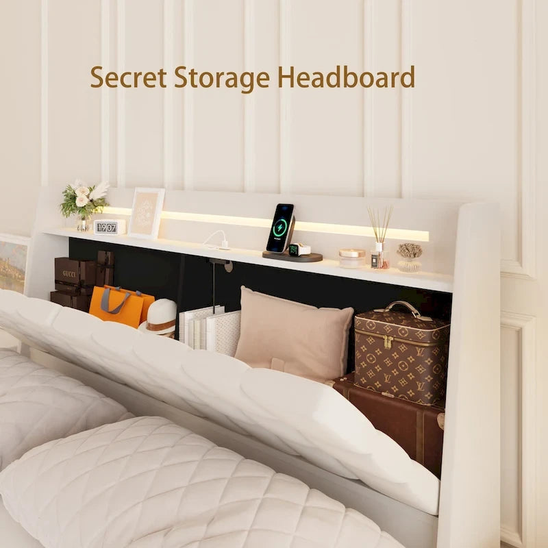 Lit flottant KingSize avec rangement dans la tête de lit et lumières LED RVB, beige