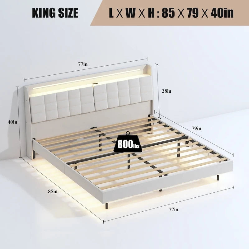 Lit flottant KingSize avec rangement dans la tête de lit et lumières LED RVB, beige