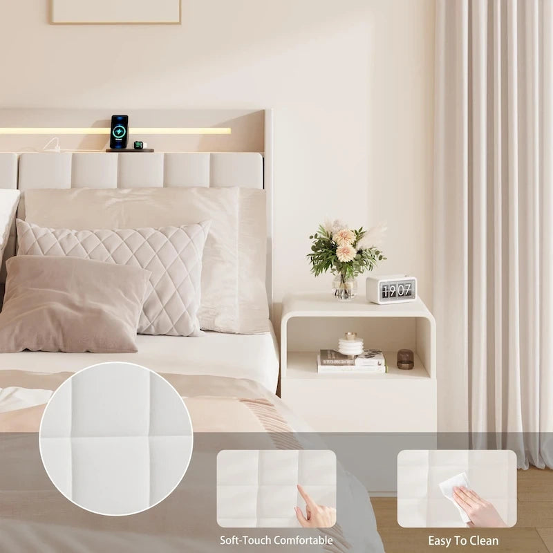 Lit flottant KingSize avec rangement dans la tête de lit et lumières LED RVB, beige
