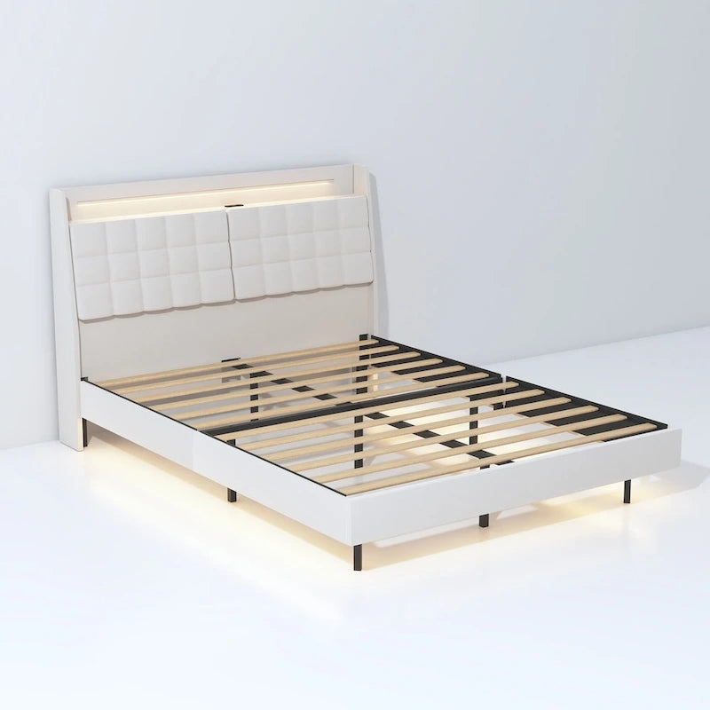 Lit flottant KingSize avec rangement dans la tête de lit et lumières LED RVB, beige